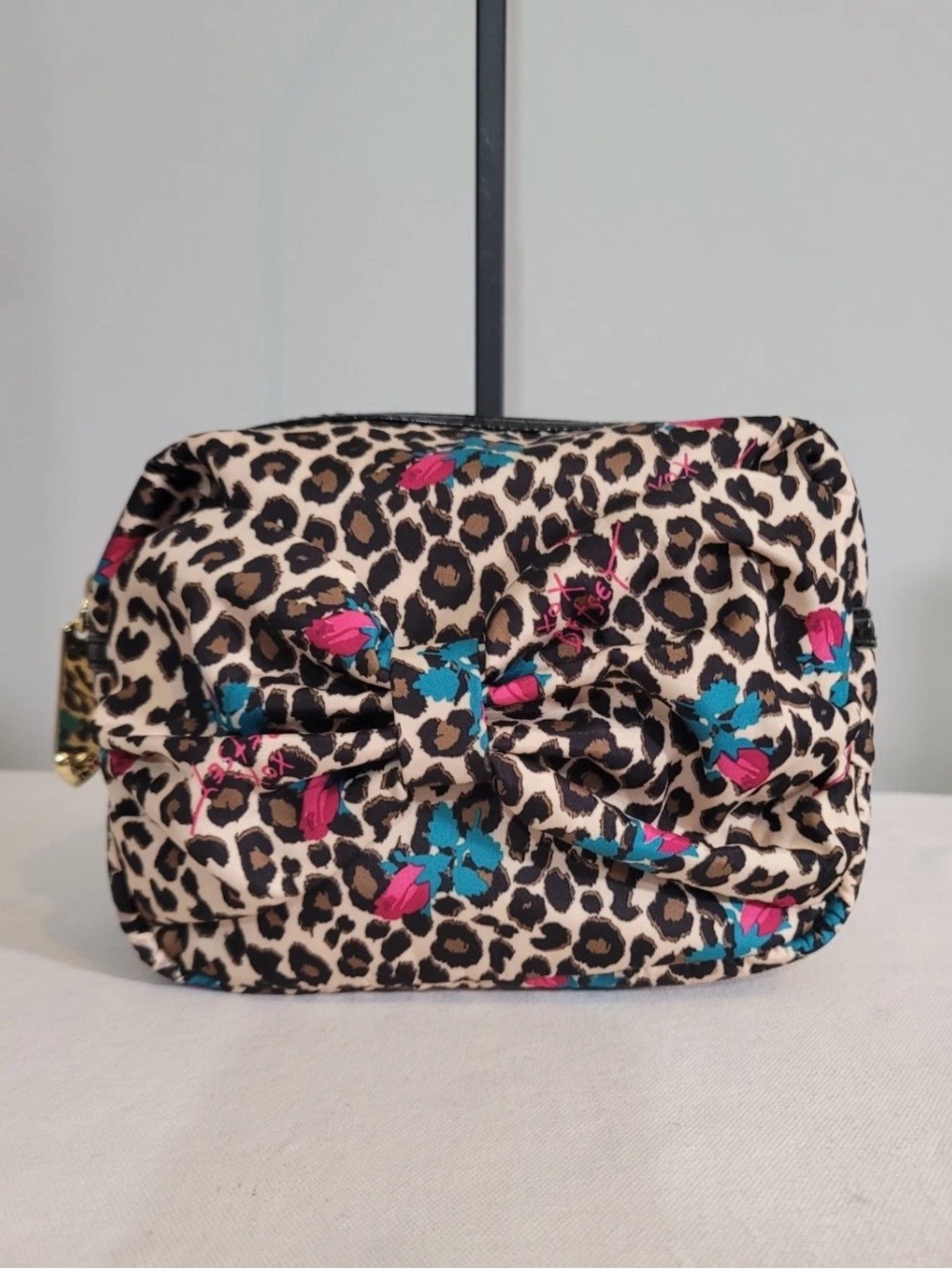 Betsey Johnson Makeup Bag Leopard Print Floral Bow Cosmetic Case